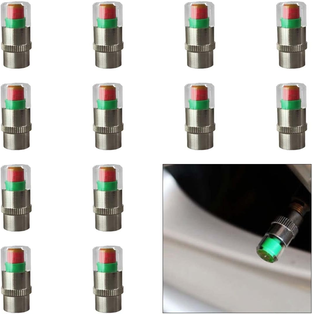 12PCS 3-Color Tire Pressure Monitor Valve Stem Caps, 2.4Bar 36PSI Alert Indicator for Cars Trucks SUVs Motorcycles Bicycles Silver