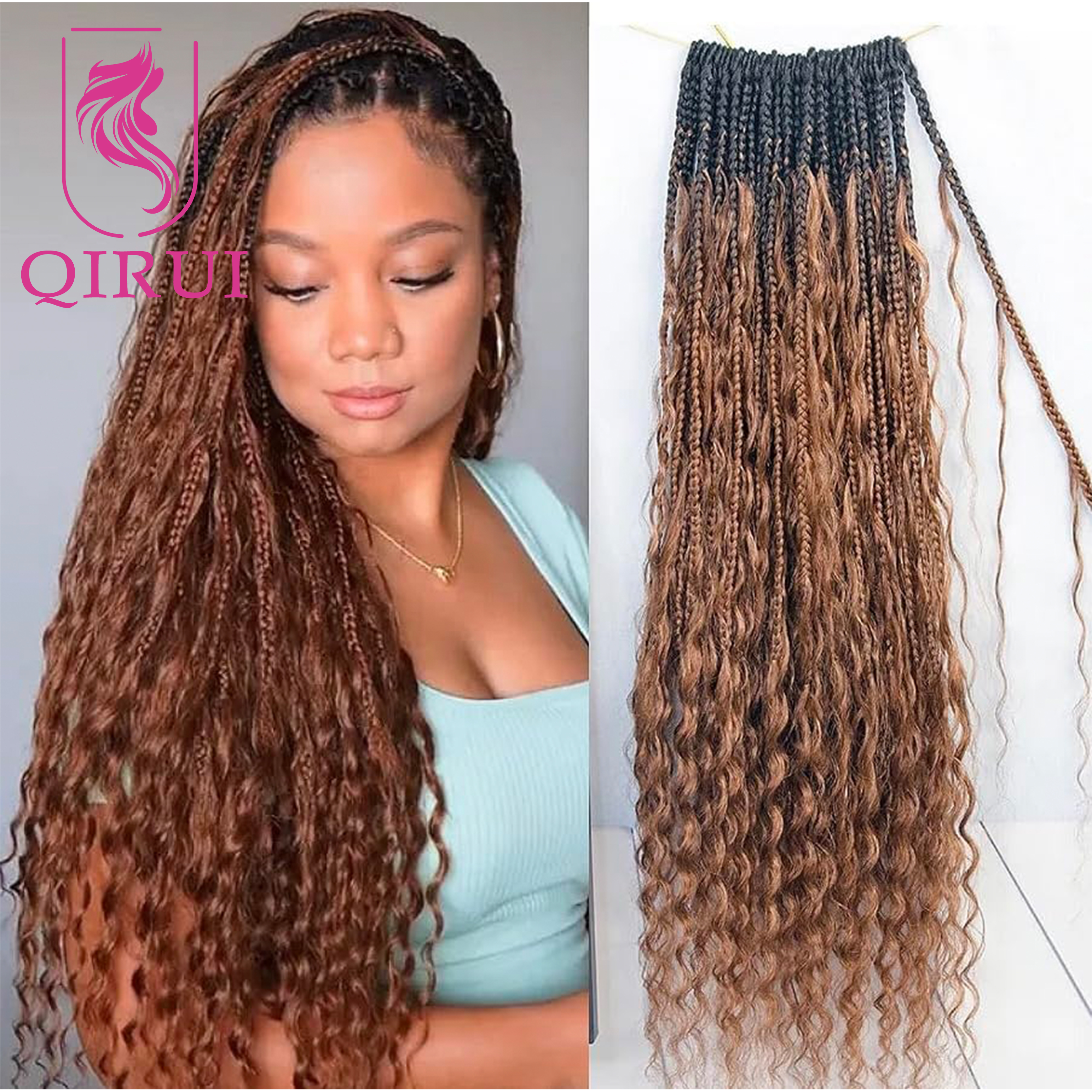 Ombre สีน้ําตาล # 1B/30 Boho โครเชต์กล่อง Braids กับผมมนุษย์หยิก Deep Wave Pre Looped กล่อง Braids Full สิ้นสุดผม