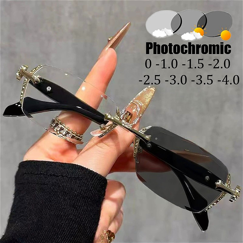 Gafas fotocromáticas para miopía sin marco de alta gama con borde cortado, gafas de sol anti-UV con bloqueo de luz azul y dorada plateada, dioptrías-4,0