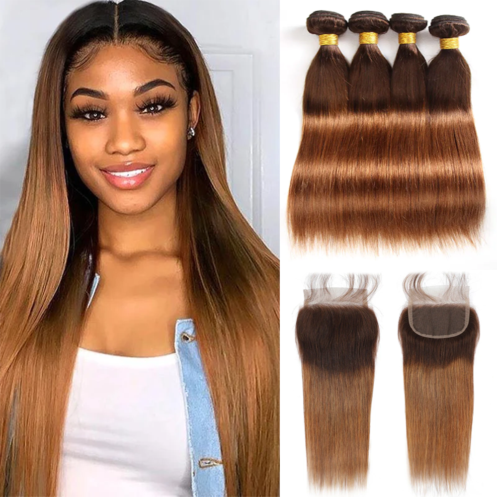 Extensiones de Cabello Humano Virgen Brasileño 12A con Cierre de Encaje, Ombre de 2 Tonos, Cabello Remy 100% Sin Procesar