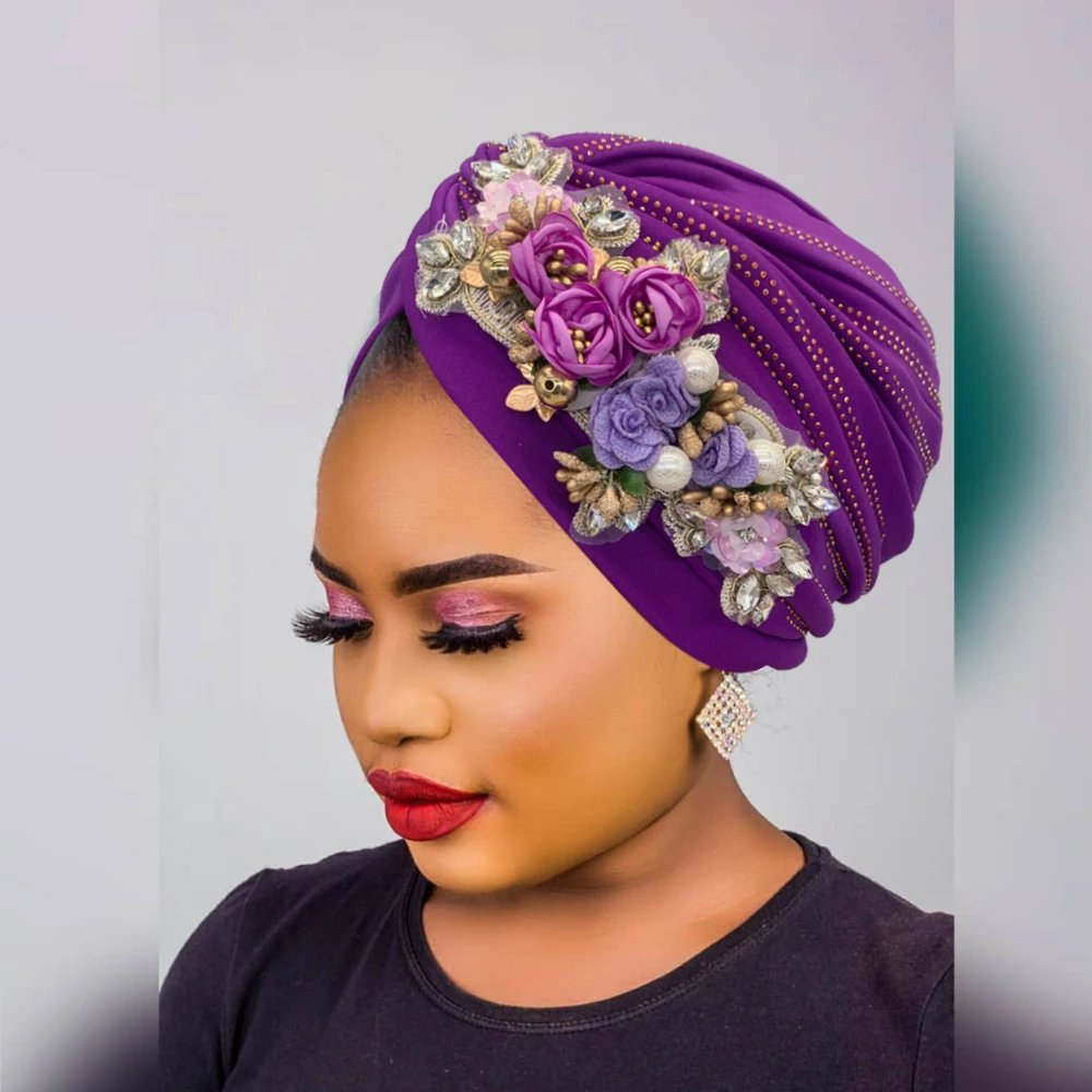 2024 Mode Dames Turban Hoed Gedraaide Hoofddoek Hoed Diamanten Bloem Afrikaanse Hoofdbanden Nigeria Bruiloft Feest Hoofdtooi