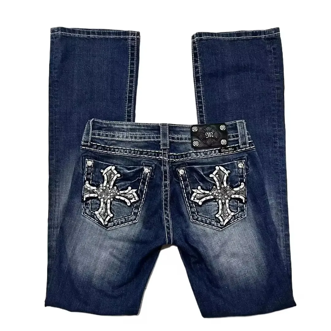 Y2K Новые готические ретро-джинсы Miss Me Boot Cut, женские синие джинсовые джинсы с вышивкой и крестообразным карманом, широкие брюки в стиле Харадзюку в стиле хип-хоп, уличная одежда