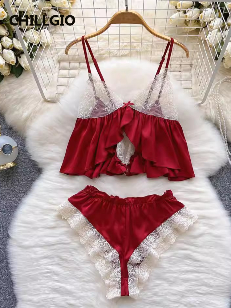 CHILLGIO-Pijama Sexy de encaje con tirantes finos para mujer, trajes de moda informales, ropa de dormir erótica transparente, conjunto de satén de dos piezas para verano