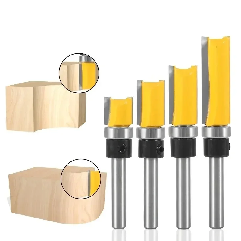 4 pces, 1/4 Polegada rolamento de haste guiado padrão roteador bit-ferramenta de corte de borda para carpintaria com cortador reto de dois gumes