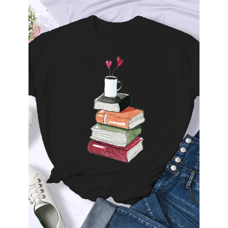 Livros de café livros marrons americano retro camiseta mulher em torno do pescoço meia manga camiseta impressa topo mulher oversized