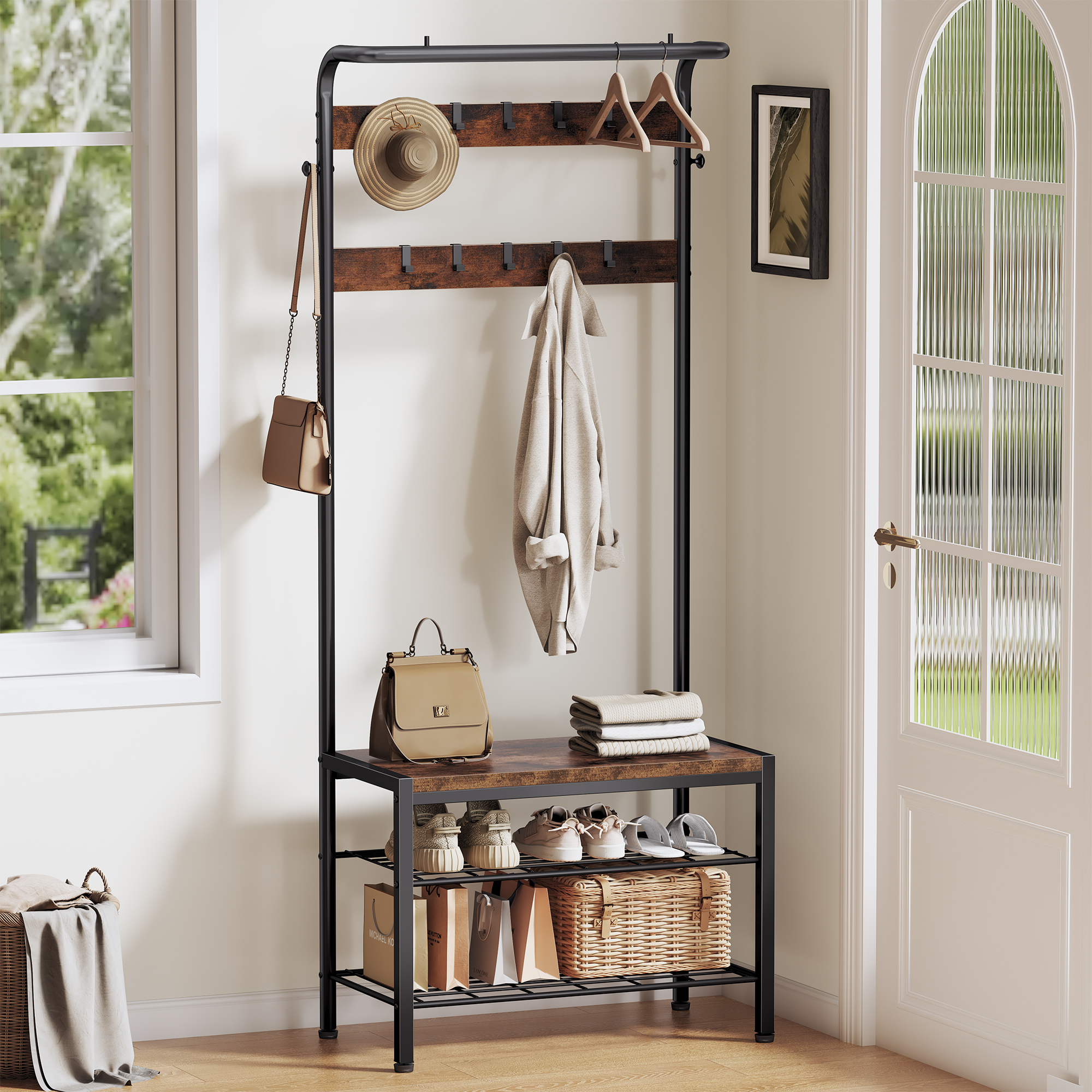 Porte-manteau 4-en-1 JHK avec banc à chaussures, banc d'entrée avec rangement pour chaussures, crochets et étagères pour l'organisation de la buanderie à domicile