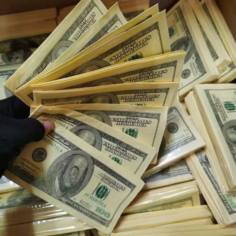 10 pçs 2 camadas tema festa grande criativo 100 dólar dos eua desenho papel arte impressão guardanapo quadrado netflix papel placemat atacado