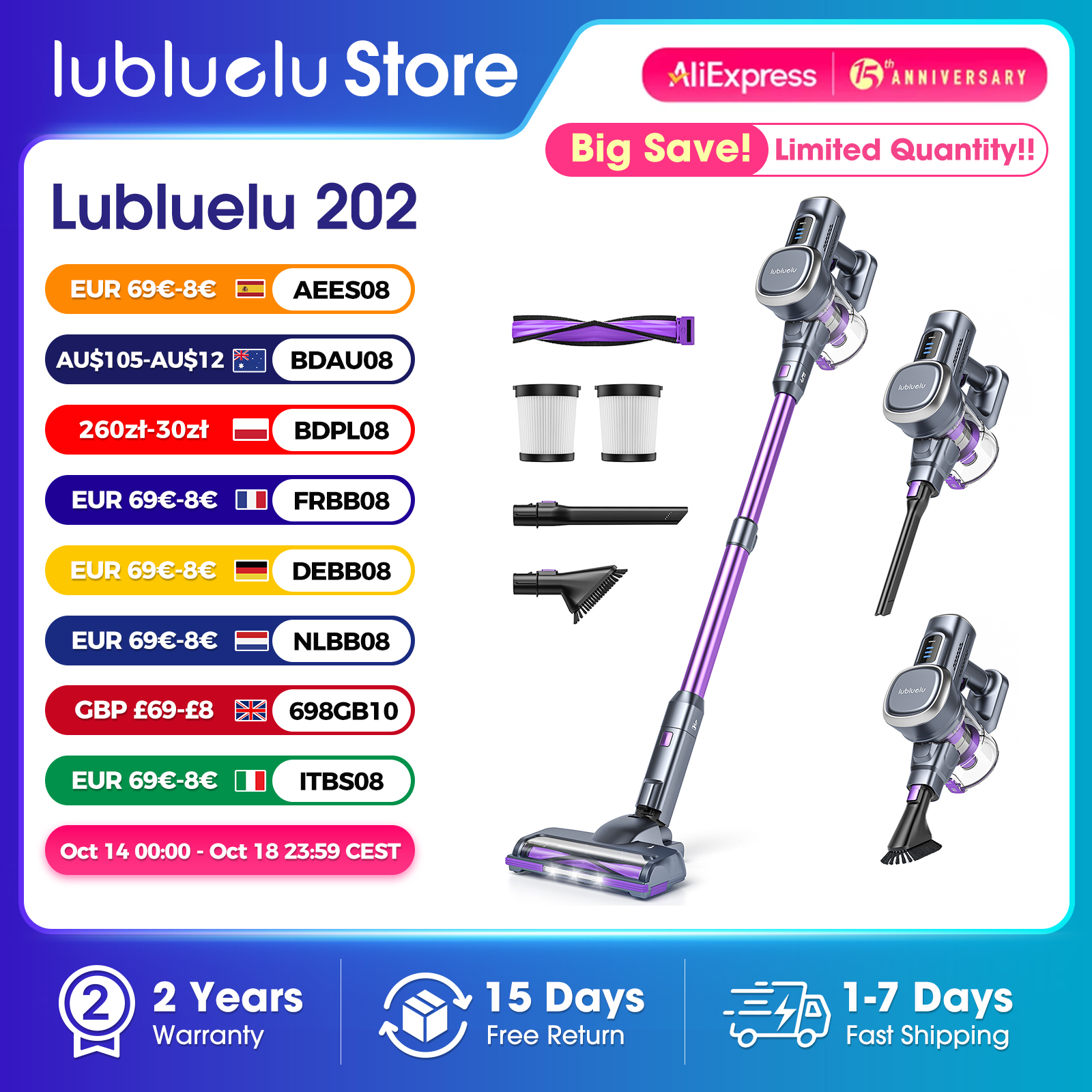 Lubluelu 202 Cordless Stick Vacuum Cleaner, Lightweight, 6-in-1, 25KPa Powerful No Cord, for Carpet, Floor, Pet Hair