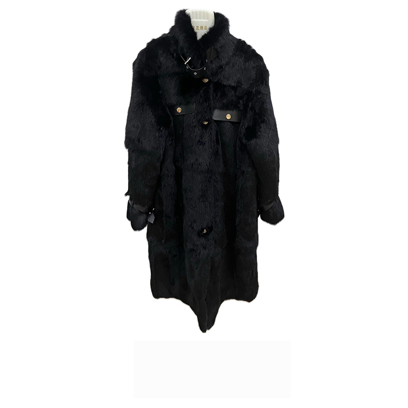 LUXURY-Manteau en Vraie Fourrure de Lapin Naturelle pour Femme, Manteau X-Long Noir, Beau et Ample, Nouveau Modèle, Manteau Chaud d'Hiver, 2024