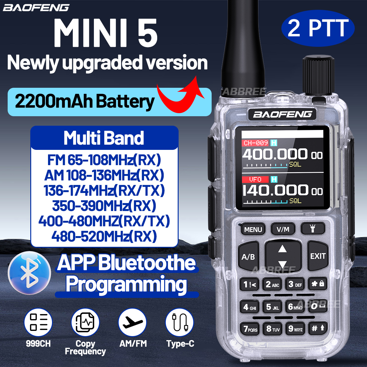Radio Walkie Talkie BAOFENG MINI 5 con Batería de 2200mAh, Programación por Bluetooth a través de APP, Largo Alcance, Doble PTT, Versión Mejorada del UV-5R MINI
