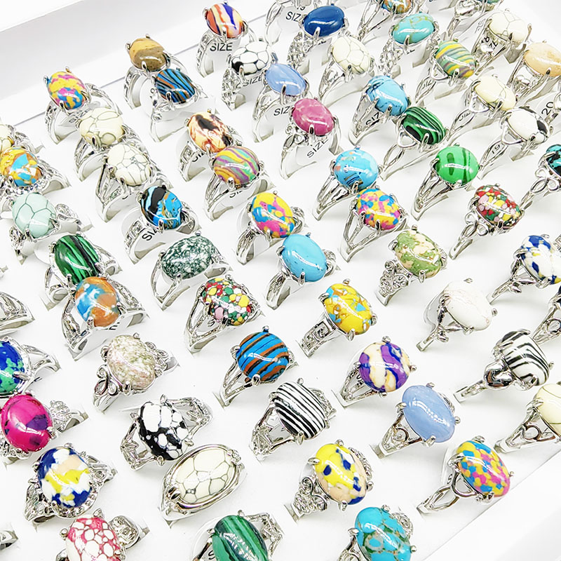 20 pz/lotto all'ingrosso colorato ovale pietra naturale anelli di barretta per le donne boemia mix stile argento colore cava lega di gioielli in metallo