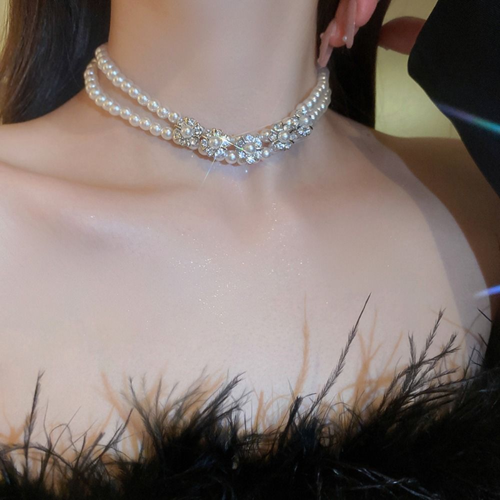 Lapisan Ganda Kalung Mutiara Rantai Mutiara Berlian Imitasi Kristal Rantai Tulang Selangka Perhiasan Aksesori Choker Bunga Perhiasan Pernikahan