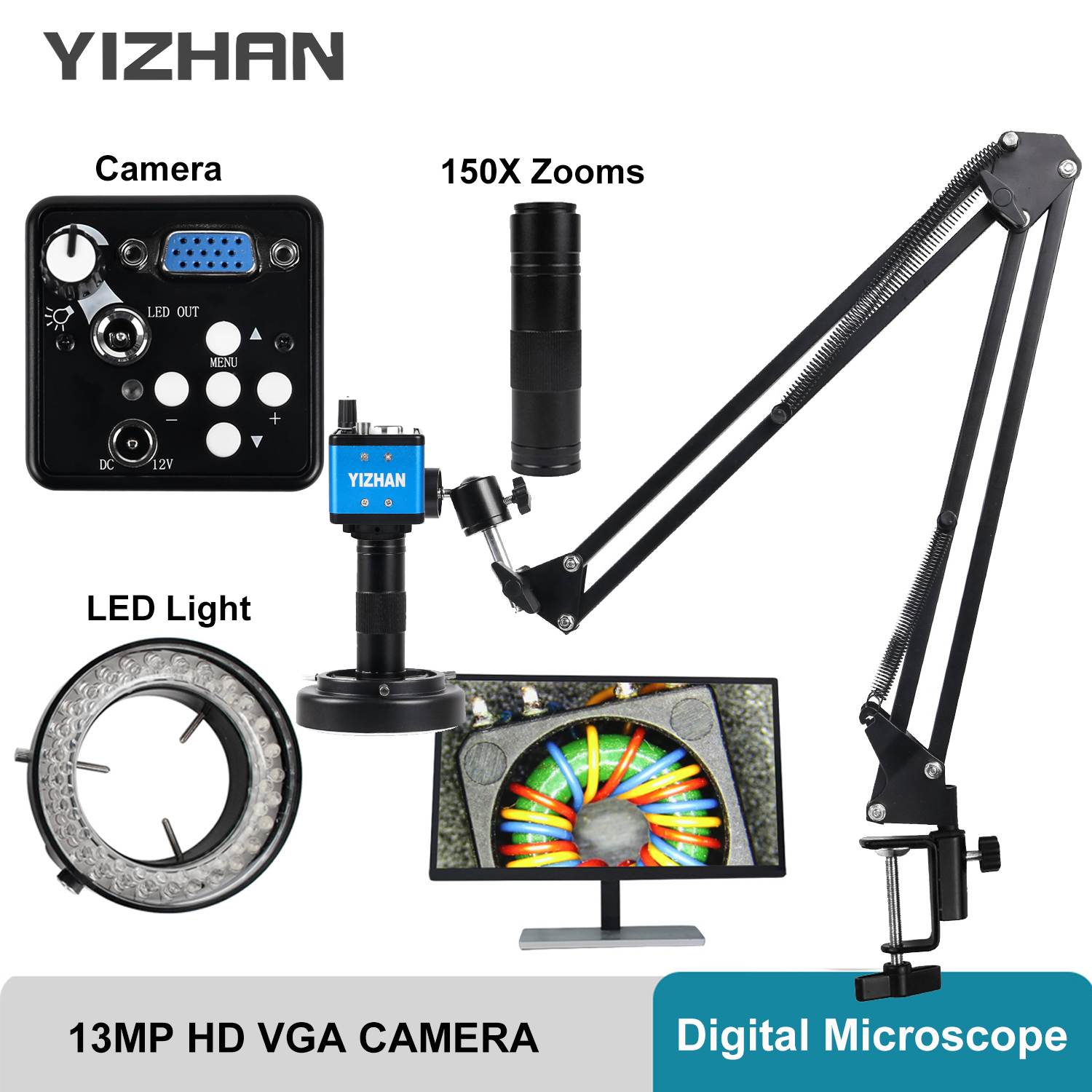 Zoom 150X Full HD Camera VGA/HDMI Port microscopio industriale staffa regolabile per braccio in metallo per la riparazione del telefono di saldatura PCB