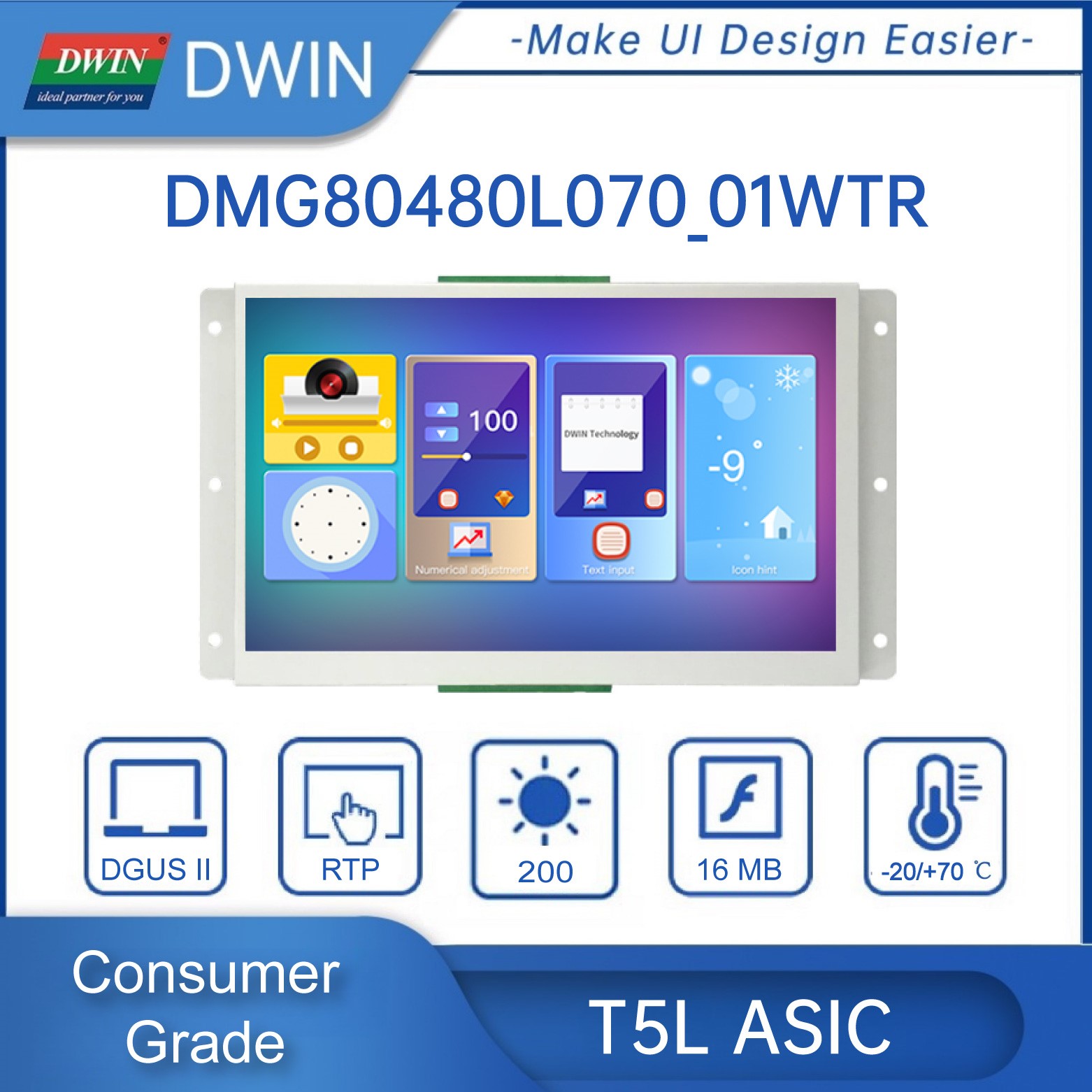 DWIN 7,0-calowy wyświetlacz LCD HMI Inteligentny moduł, rezystancyjny panel dotykowy, 800*RGB*480, klasa zużycia - DMG80480L070_01WTR