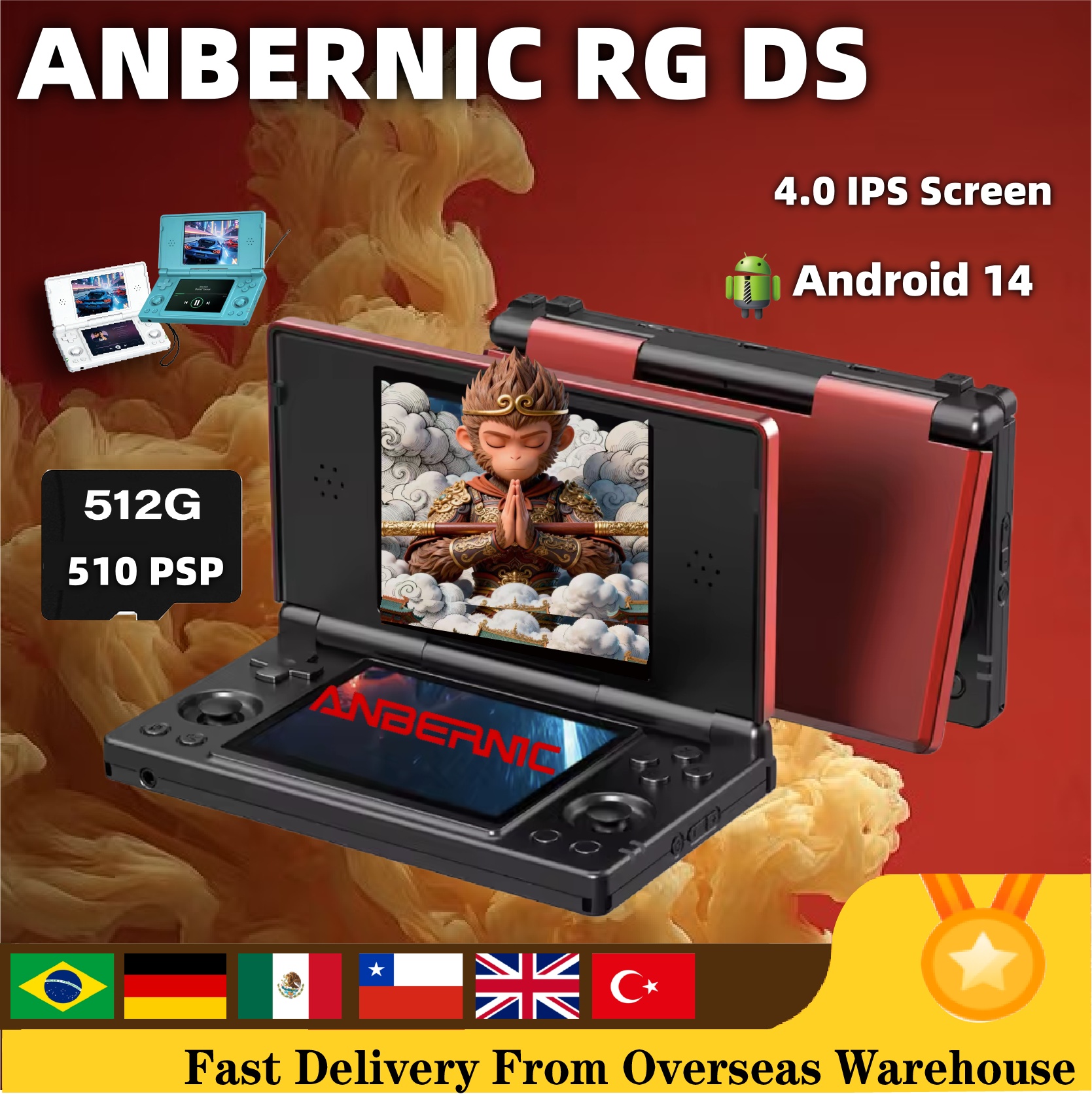 Konsol Game Genggam ANBERNIC RG DS Layar Sentuh Multi 4 inci IPS Android RK3568 64-bit 4000mAh Pemutar Video Game Layar Ganda Lipat
