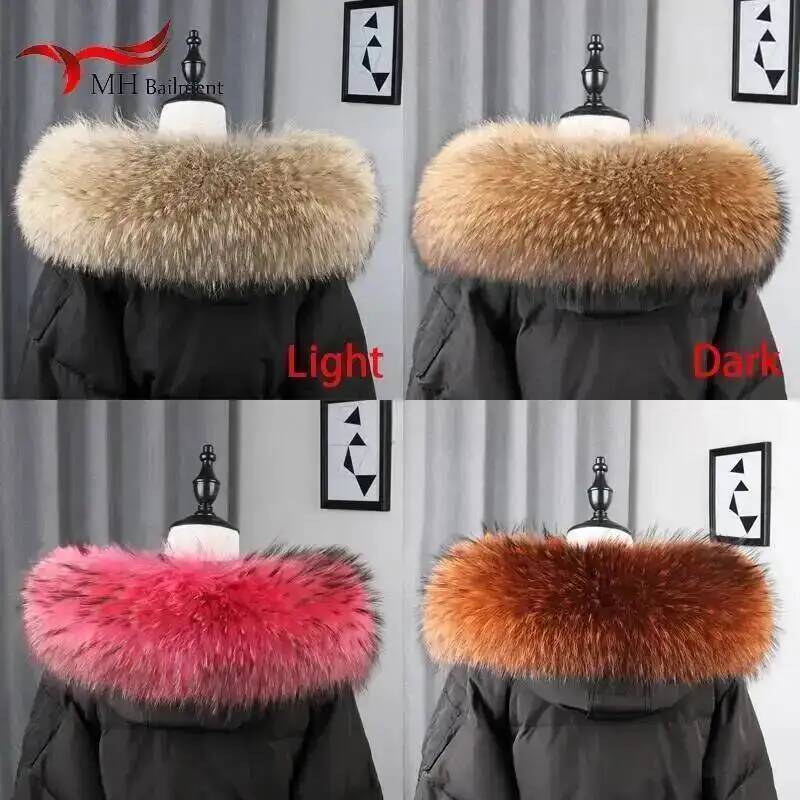 100% real natural cachecol de pele de guaxinim feminino inverno moda luxo quente gola de pele de alta qualidade para casaco tira com capuz grande silenciador
