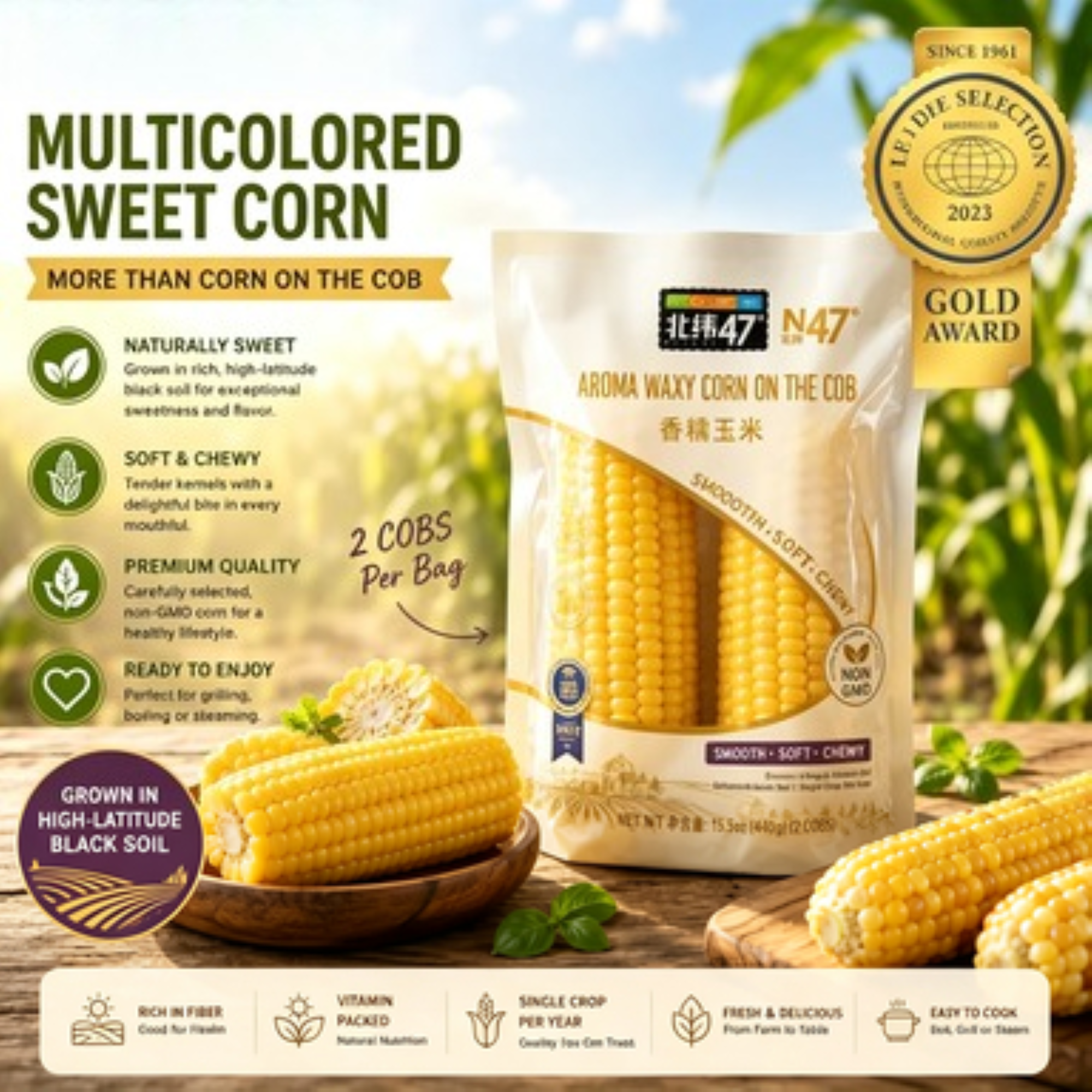 Maíz Dulce y Glutinoso Envasado al Vacío Premium, Paquete Multi-Sabor Maíz en espiga fresco sin OMG, masticable y sabroso para el consumo diario