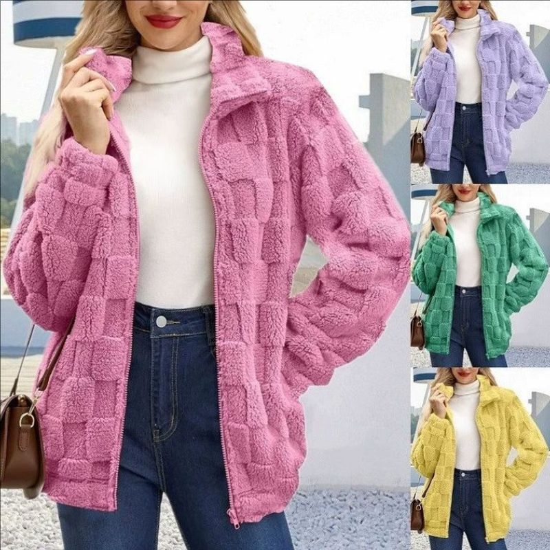 Autumn Winter Women Warm Plush Zipper Plaid Jacket Turn Down Collar Female Casual  Cardigan Coat Office Lady Street Outwear