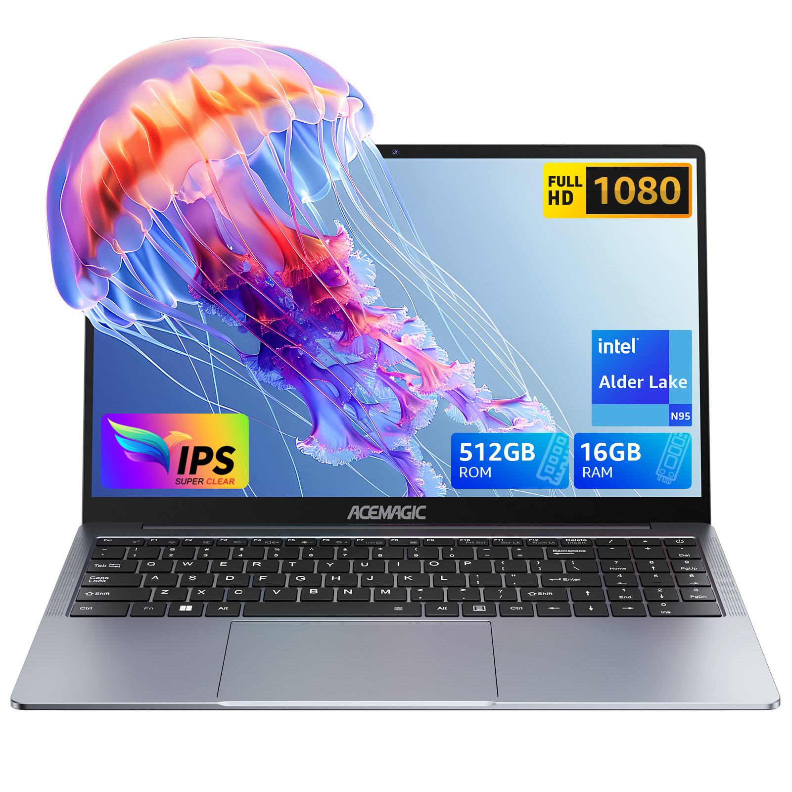 ACEMAGIC 16" ultradunne laptop met 16 GB RAM, 512 GB SSD, Intel N97 notebook, gamer, 1920*1080 beeldscherm, kantoor, studie, computer, pc, Windows 11