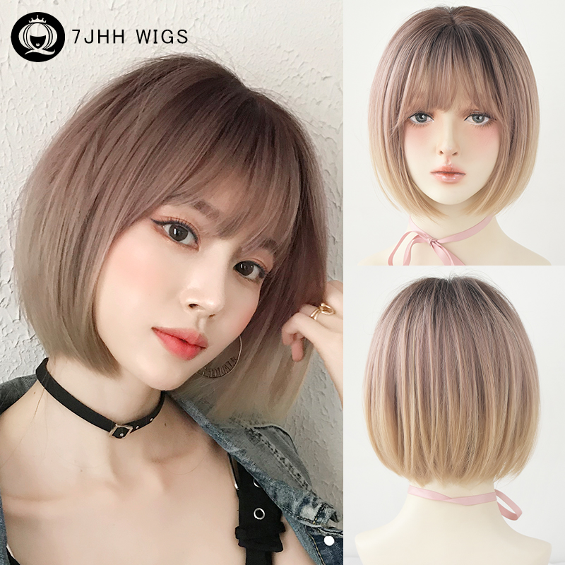 Pixie ตัดวิกผมสังเคราะห์สั้นตรงสีชมพูสีน้ําตาล Bob วิกผมรากความหนาแน่นสูง Layered ผมวิกผมผ้าม่าน Bangs