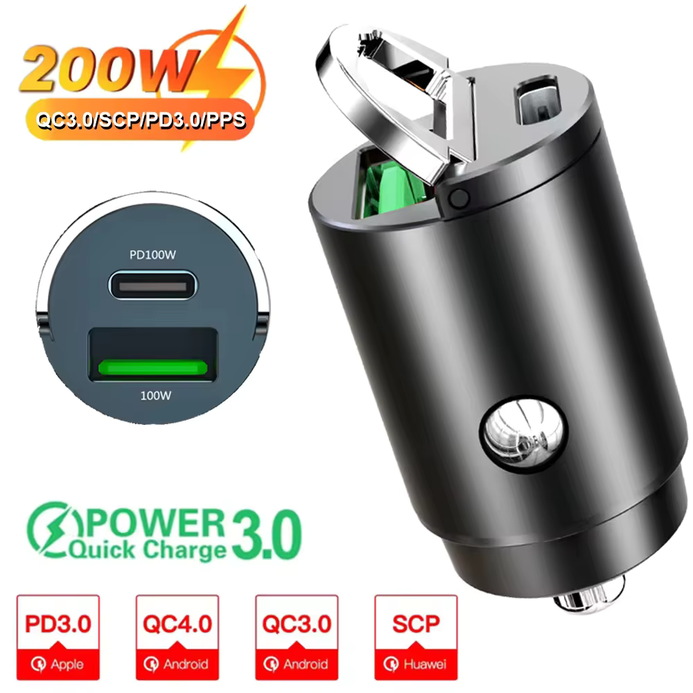 ที่ชาร์จในรถยนต์ขนาดเล็ก 200W ชาร์จเร็วสำหรับ iPhone QC3.0 mini PD USB Type C ที่ชาร์จโทรศัพท์มือถือในรถยนต์สำหรับ Xiaomi Samsung Huawei