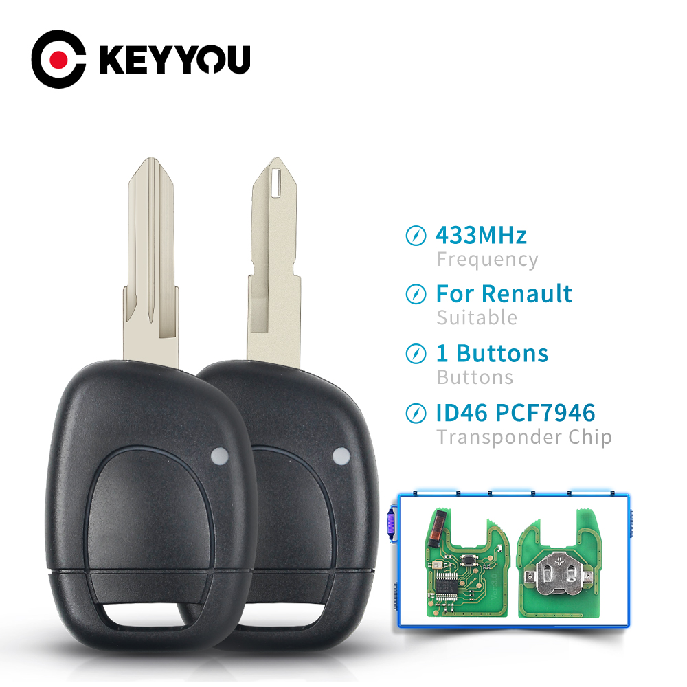 Keyyou chave remota de carro com 1 botão 433mhz, compatível com renault clio master twingo kangoo sem cortes ne73 vac102 lâmina id46 pcf7946 chip shell