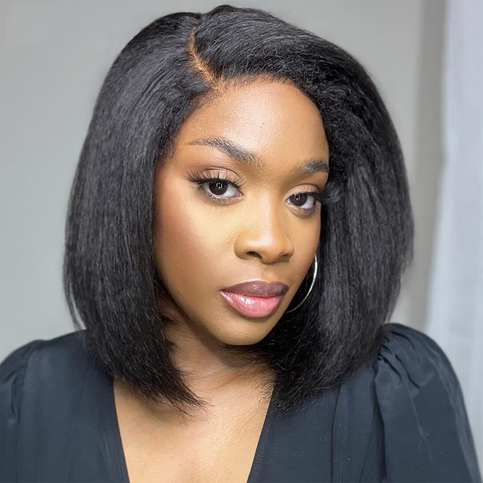 Glueless Kinky ตรง 13x4 ลูกไม้ด้านหน้าวิกผมสั้น BOB วิกผมโปร่งใส Yaki ตรงบราซิล Remy Pre Plucked วิกผม