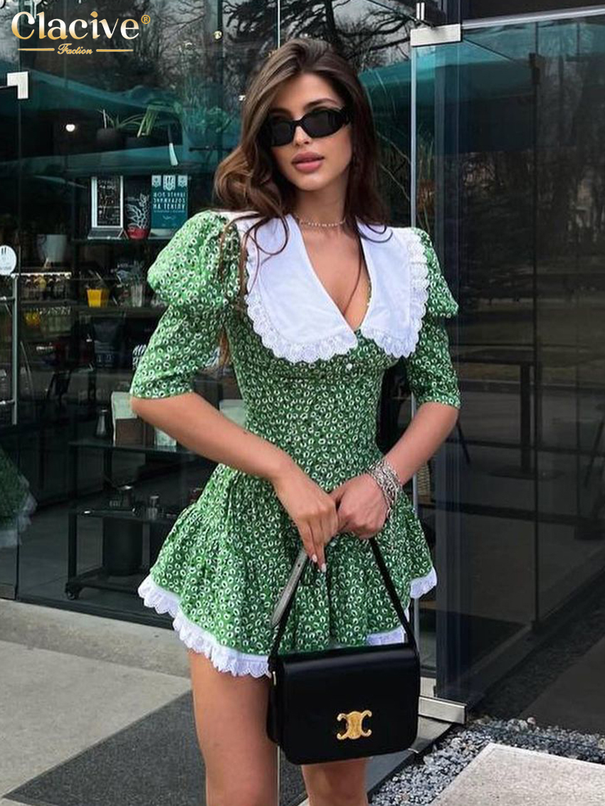 Clacive Zomer Slanke Print Damesjurk 2023 Bodycon Pop Kraag Korte Mouw Mini Jurken Elegante Kant Patchwork Vrouwelijke Jurk