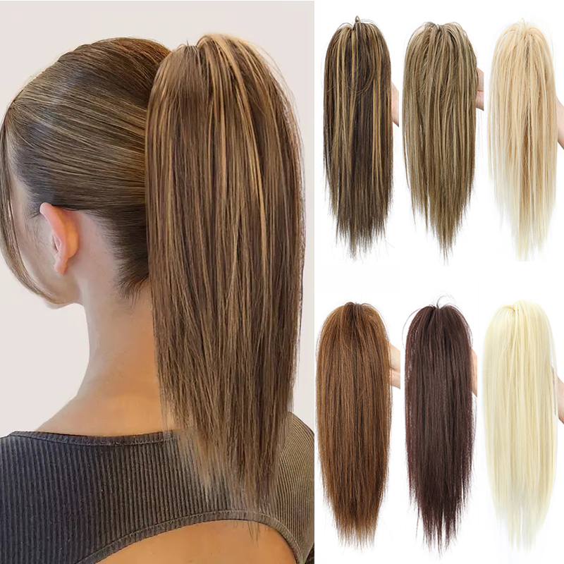 14 Zoll synthetische kurze, gerade Pferdeschwanz-HaarverlĂ€ngerung, flauschiges, mittellanges, schwarzbraunes Haarteil fĂŒr Frauen