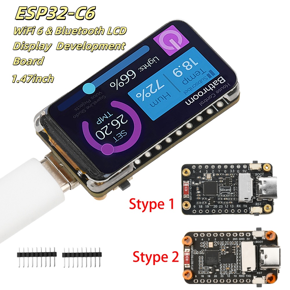 ESP32-C6 Placa de desarrollo de pantalla LCD de 1,47 pulgadas 172 × 320 compatible con WiFi 6 y Bluetooth ESP32 con pantalla de 1,47 pulgadas tipo C