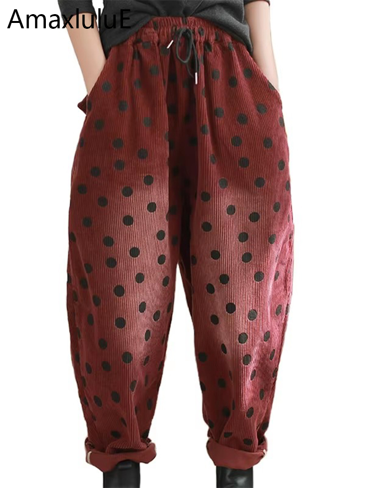Amax LuluE 2024 Winter Womens Korean Fashion Loose Dot Warm Corduroy Pants Ladies Thicken Leisure Vintage Classic Harem Trousers