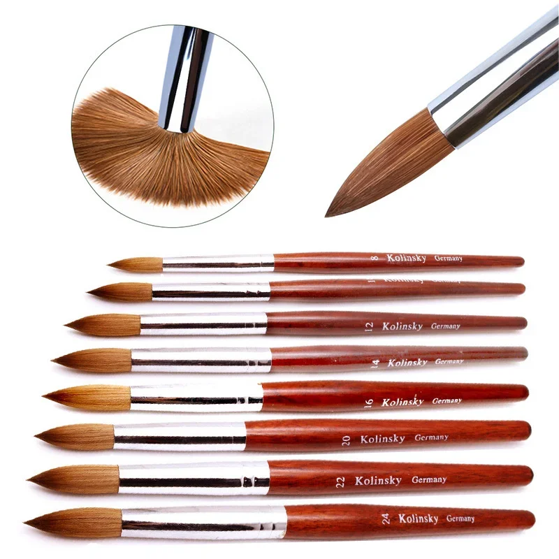 Kolinsky-cepillo acrílico para decoración de uñas, mango de madera, cepillo de visón para decoración de uñas, herramientas para uñas, cepillo para manicura, herramientas de dibujo, tamaño 8-24
