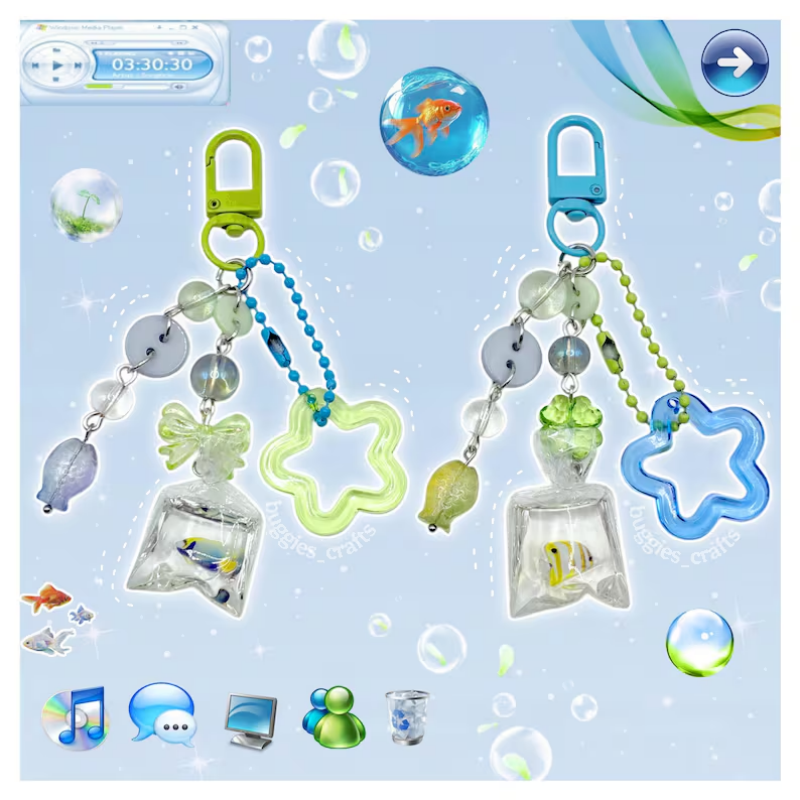 Portachiavi Frutiger Aero Water Bubble Fish Blu Verde Y2K Tech Decoden Catena per Borsa Accessorio Unico e Divertente