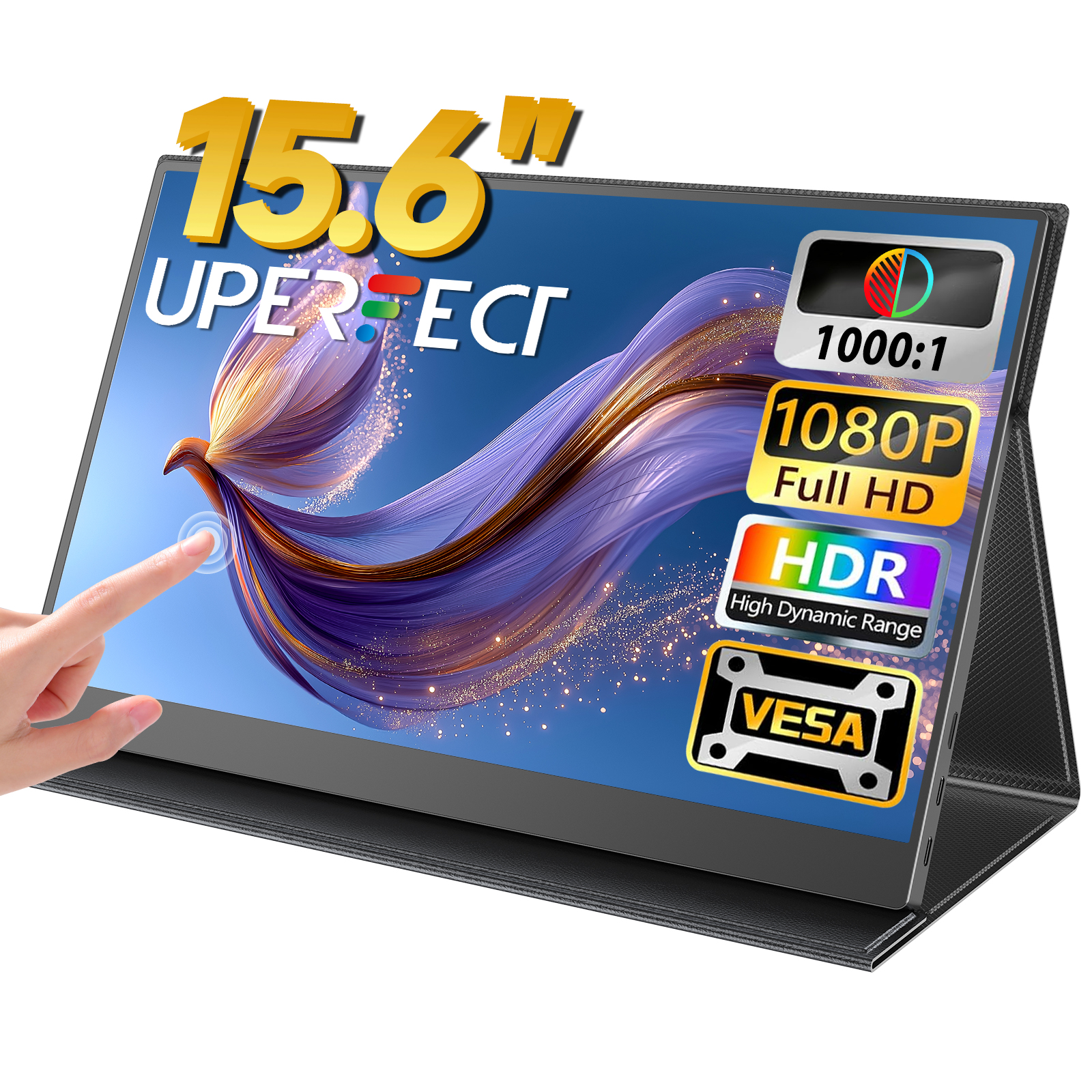 UPERFECT przenośny monitor ekran dotykowy 15,6 "125% sRGB 1080P IPS 10-punktowy monitor ekran dotykowy podróż drugi ekran VESA i etui MINI HDMI USB C Ultra-cienki do konsol gier laptopowych