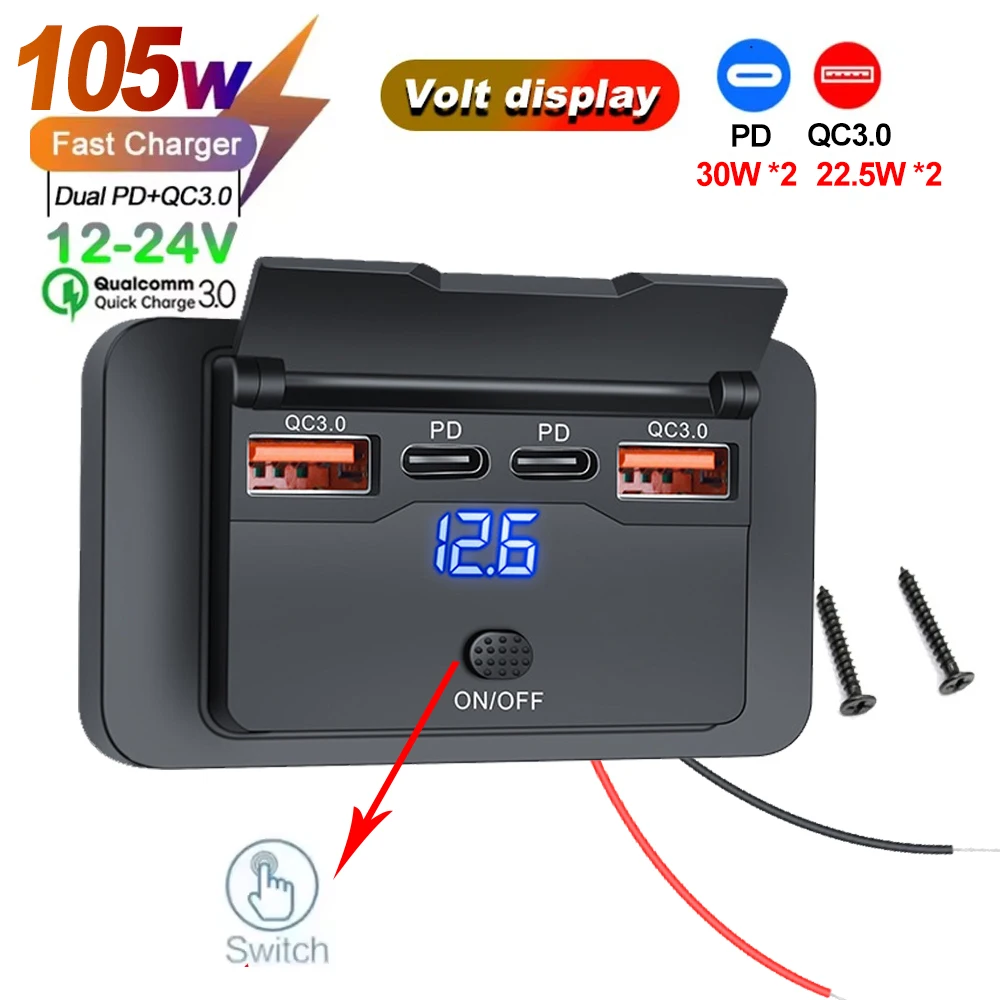 Adaptador de Enchufe para Cargador de Coche con Interruptor, 2/4 Puertos, 12V 24V, Divisor de Carga PD QC3.0 para Autobús, RV, ATV, Camión, Barco