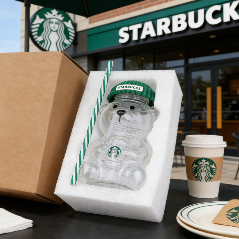 Стакан Starbucks Bearista Bear из прозрачного стекла, 591 мл (20 унций), с зеленой крышкой и соломинкой, для холодной воды, кофе со льдом, для дома, кафе, в подарок