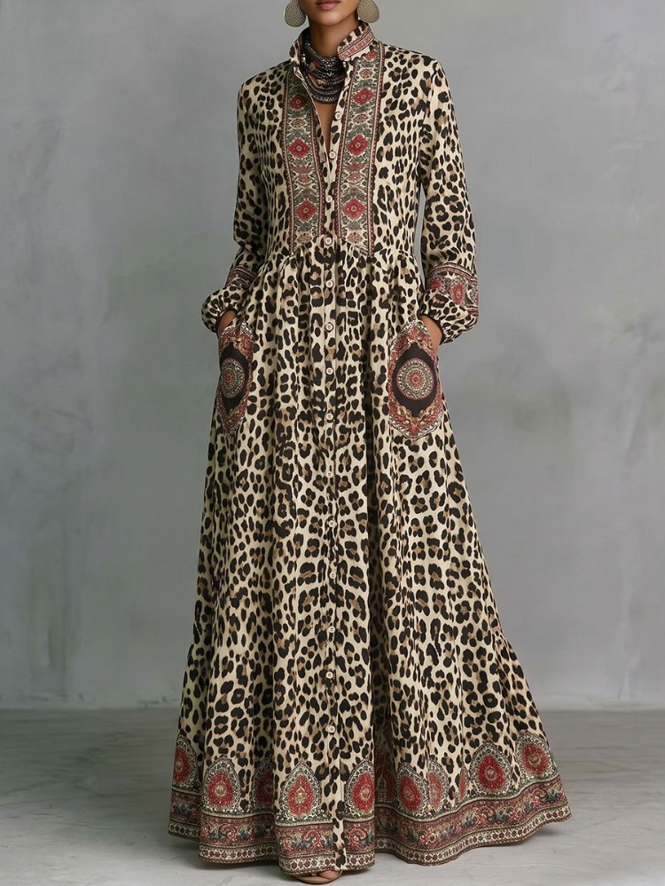 UOOZEE 2026 Vintage Etnisch Geprinte Luipaard Maxi Jurken Dames Lange Mouwen Hoge Taille Elegante Avondjurk Met Staande Kraag