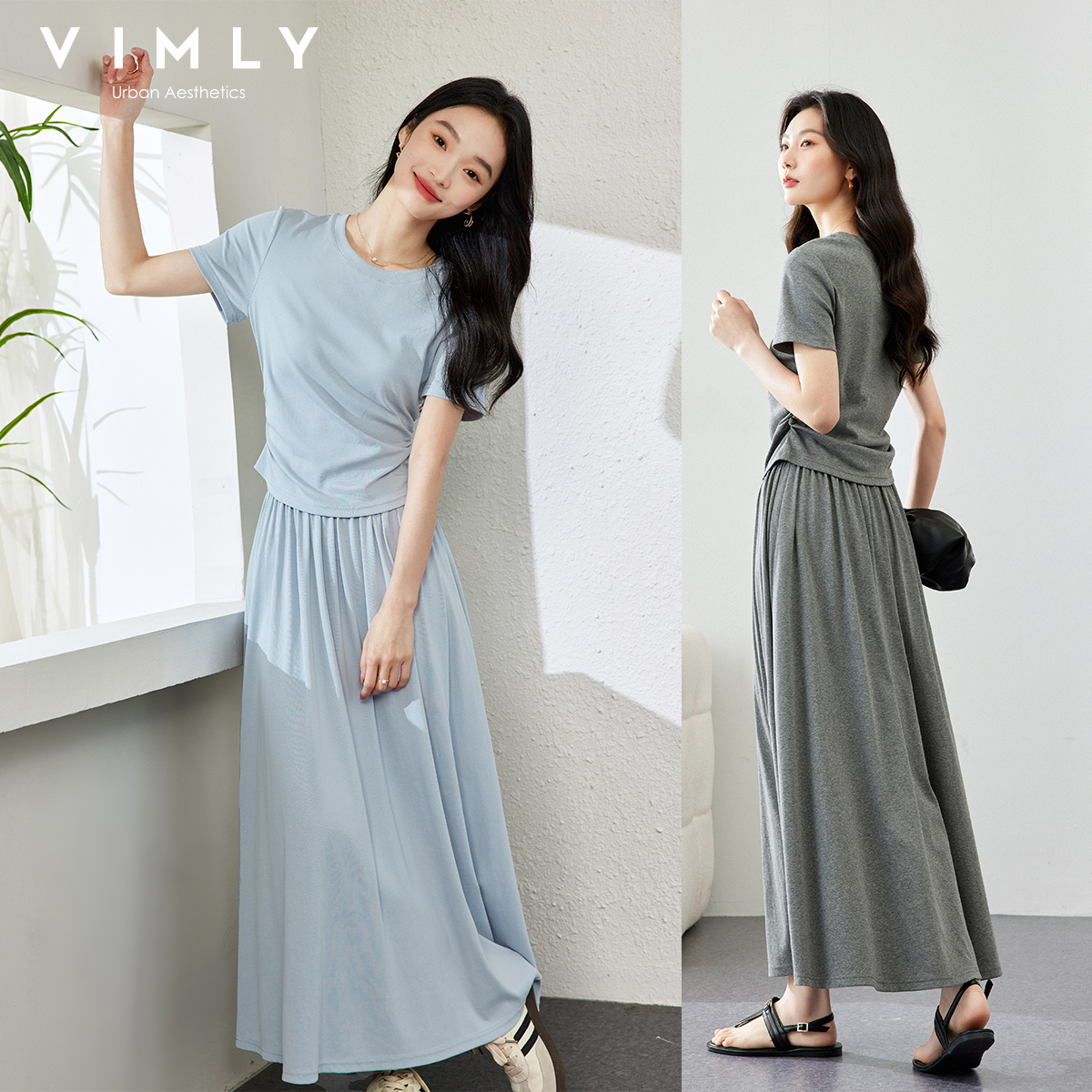 Летний повседневный комплект с юбкой VIMLY, женская одежда, хлопковый топ с короткими рукавами, юбка с эластичной резинкой на талии, комплект из двух предметов, однотонный женский комплект с юбкой M7669