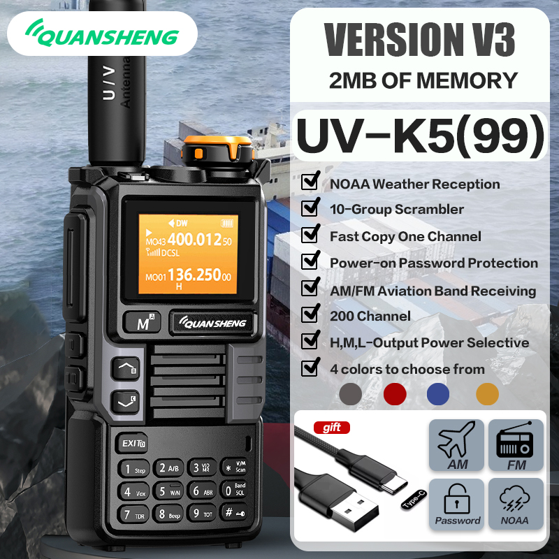 QUANSHENG UV-K5(99) V3 Walkie Talkie 2MB de memoria 50-600MHz banda aérea RX 5W Radio bidireccional tipo C copia inalámbrica Firmware personalizado