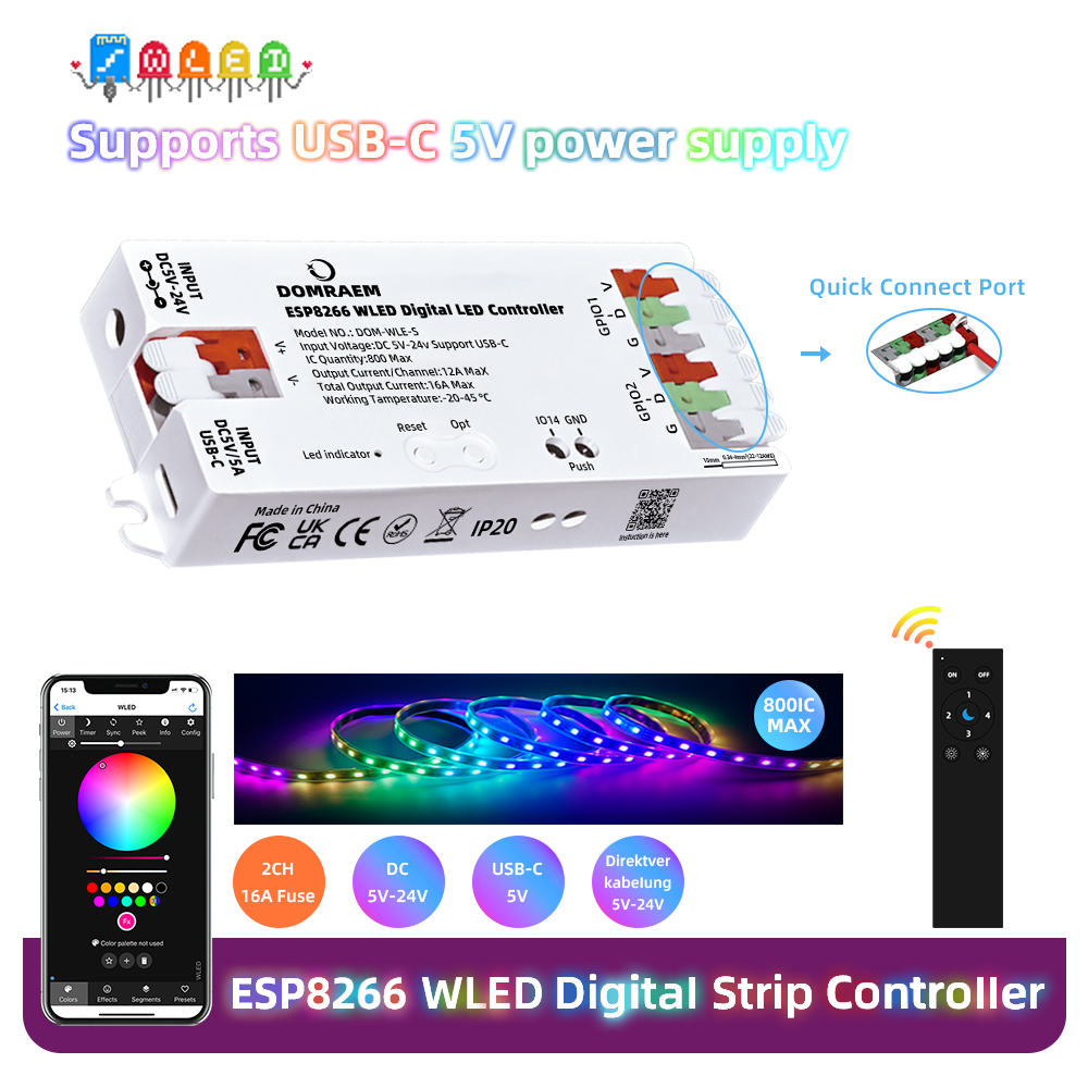 DOMRAEM ESP8266 WLED USB-C Adressierbarer LED-Controller Unterstützt WS2811/12/12B/13/14/05 Digitale Streifen usw. 1600 RGB IC |   16A Sicherung