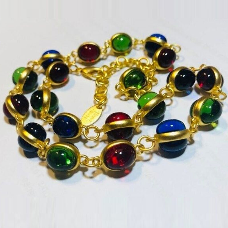 Regenbogen-Glas-Vintage-Stil, lange Halskette, Lünette, Gelee-Glas-Cabochons