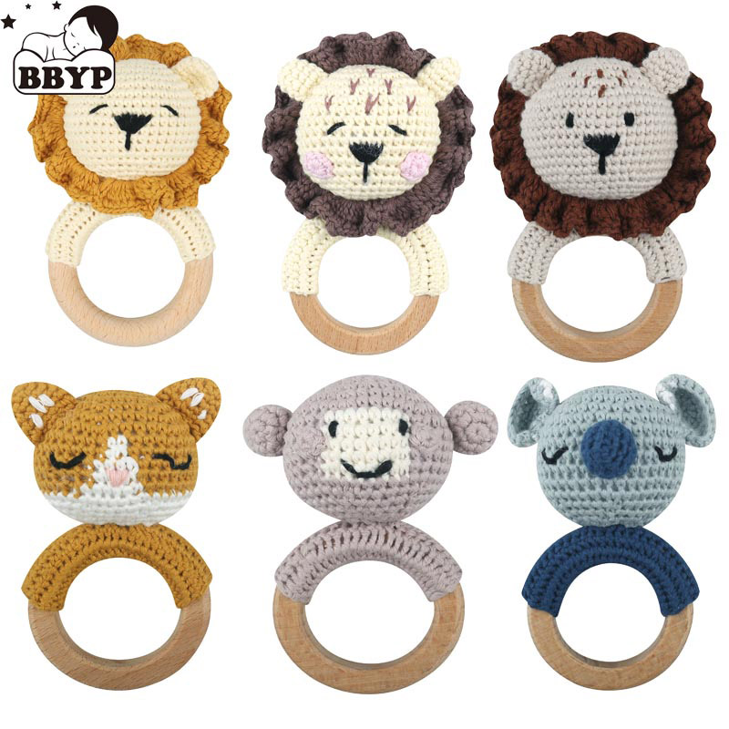 Amigurumi Мультяшные животные детские погремушки милые деревянные кольца ручной держатель Новорожденные погремушки детские развивающие игрушки