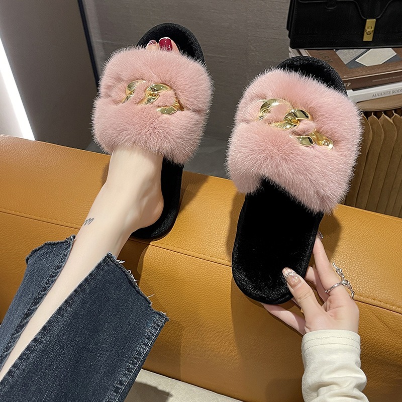 Zapatillas de algodón y lana con cadena de Metal para otoño/invierno, pantuflas rectas de tacón plano y piel grande cálidas a la moda para mujer, zapatillas de algodón para el hogar