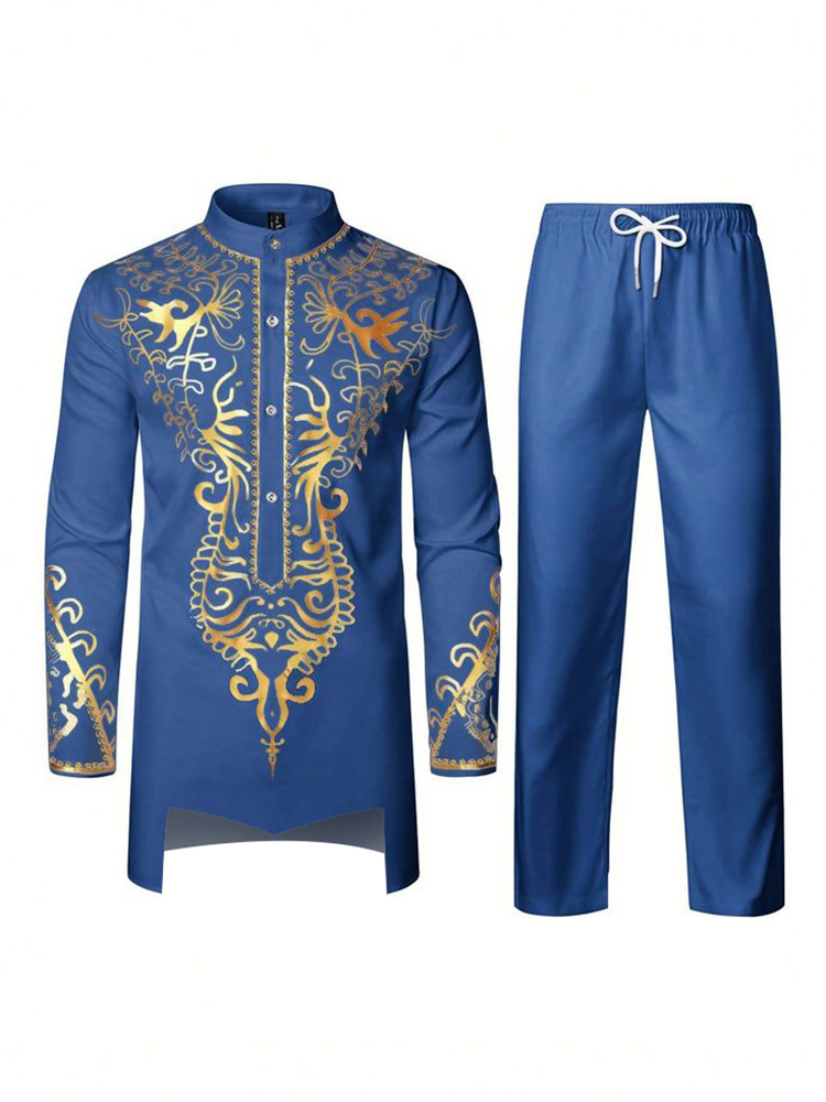 Bata musulmana azul pantalones de manga larga el vestido tradicional de hombres árabes 3D patrón estampado negro blanco amarillo marino