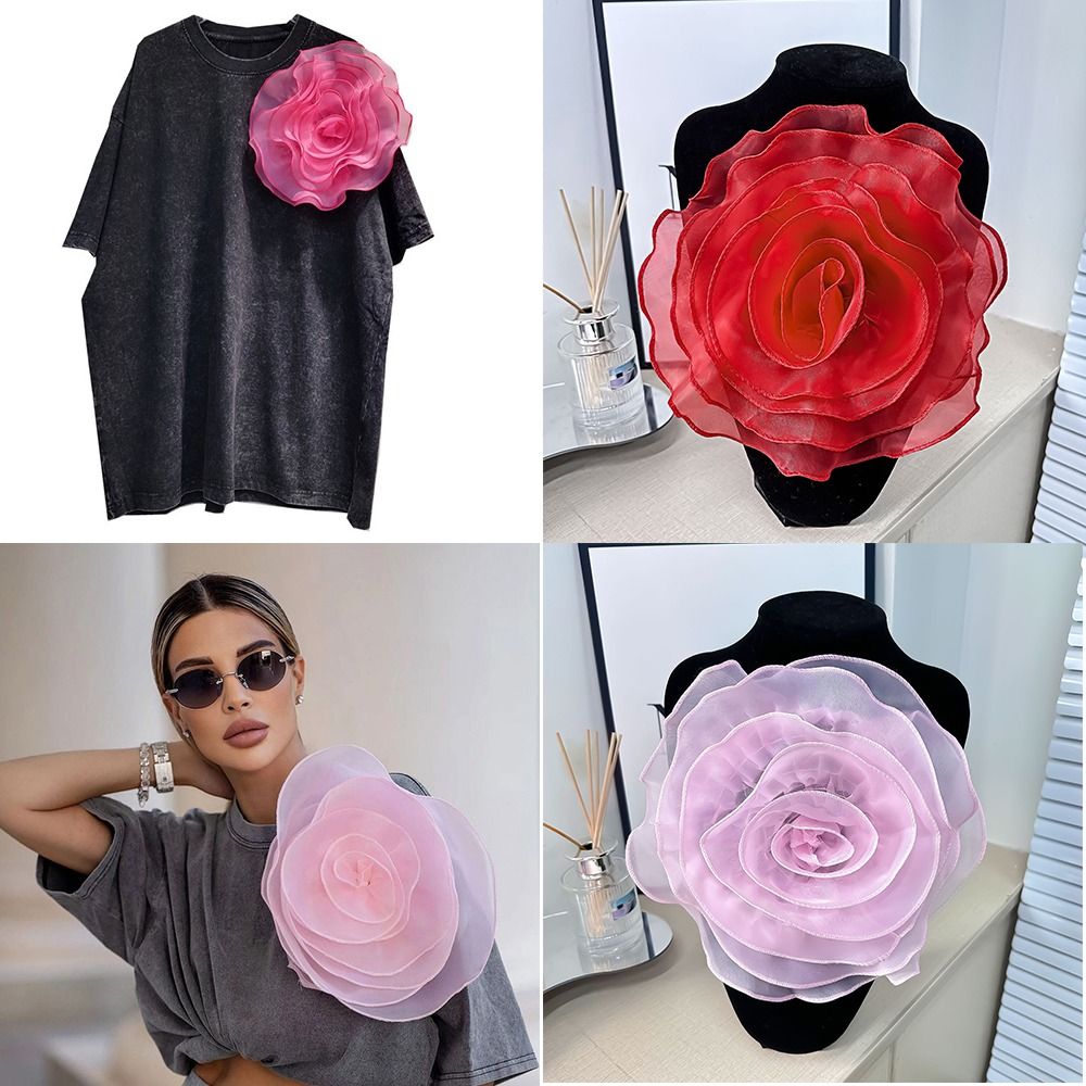 Patch de flor rosa artesanal para vestuário, decoração do pescoço do vestido, corsage 3D flor artificial, DIY Organza costura Applique, moda
