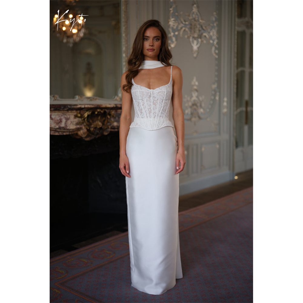 Kyoto-vestido de novia Floral blanco personalizado, dos piezas, recto, con cordones en la espalda, tirantes finos, hasta el suelo