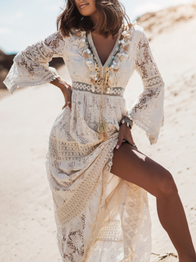 Vestido largo informal de encaje con manga acampanada para verano, traje holgado de retazos con cuello de pico, color liso, 2022