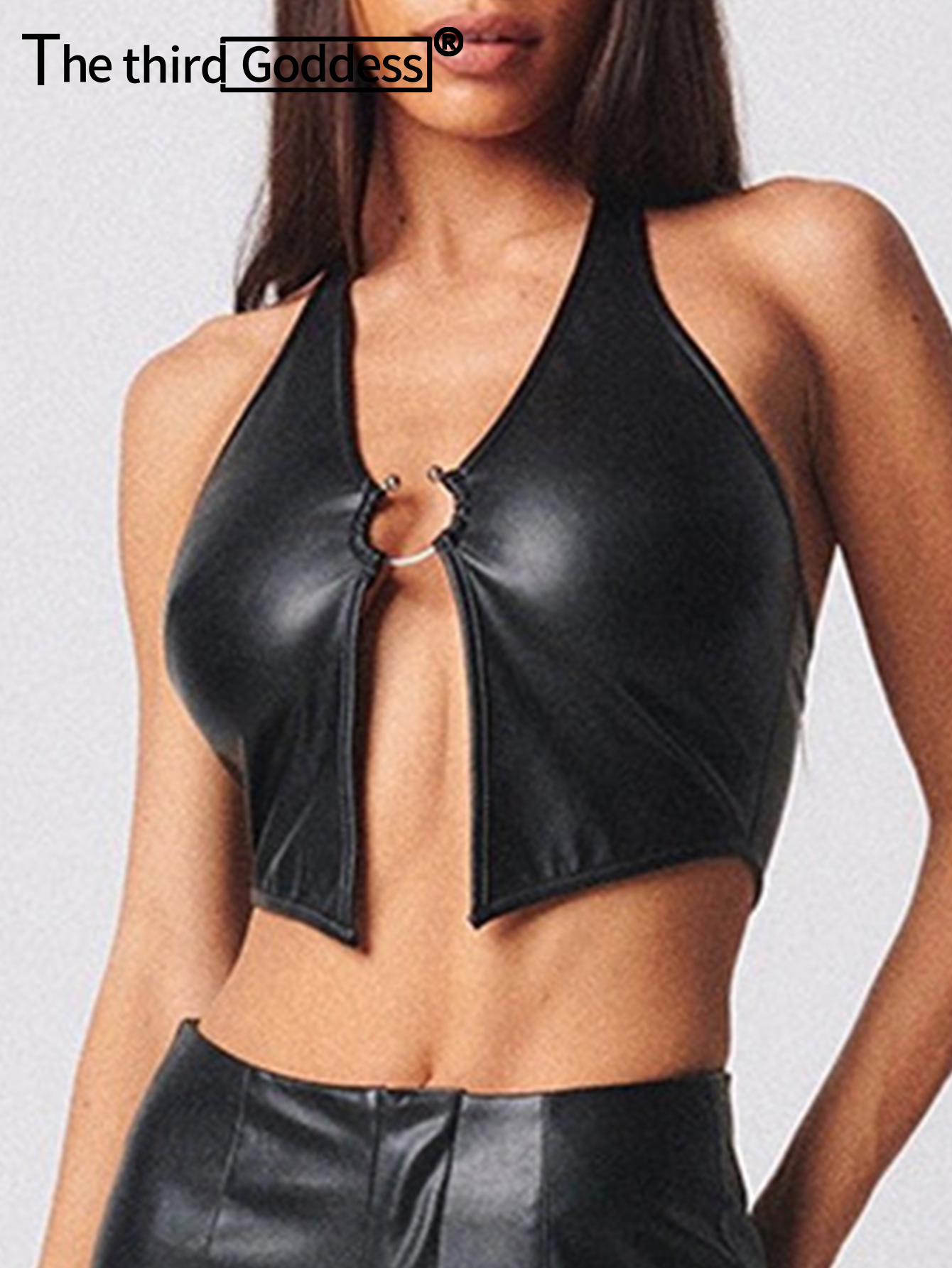 เซ็กซี่ Halter สีดำคอร์เซ็ทหนัง Crop Top ผู้หญิงฤดูร้อน Rave Club Tank Top Y2k Streetwear PU สตรีเสื้อ Gothic เสื้อผ้าร้อน