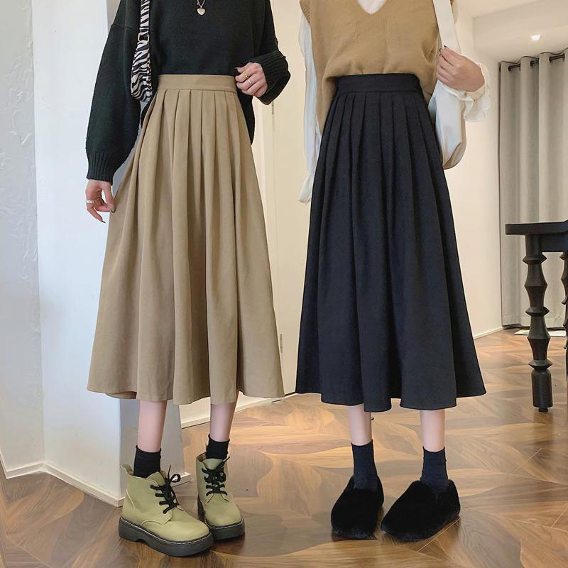 Lucyever gonna donna nera Vintage 2023 autunno inverno moda gonna lunga a vita alta donna tutto-fiammifero semplice gonne a pieghe a trapezio