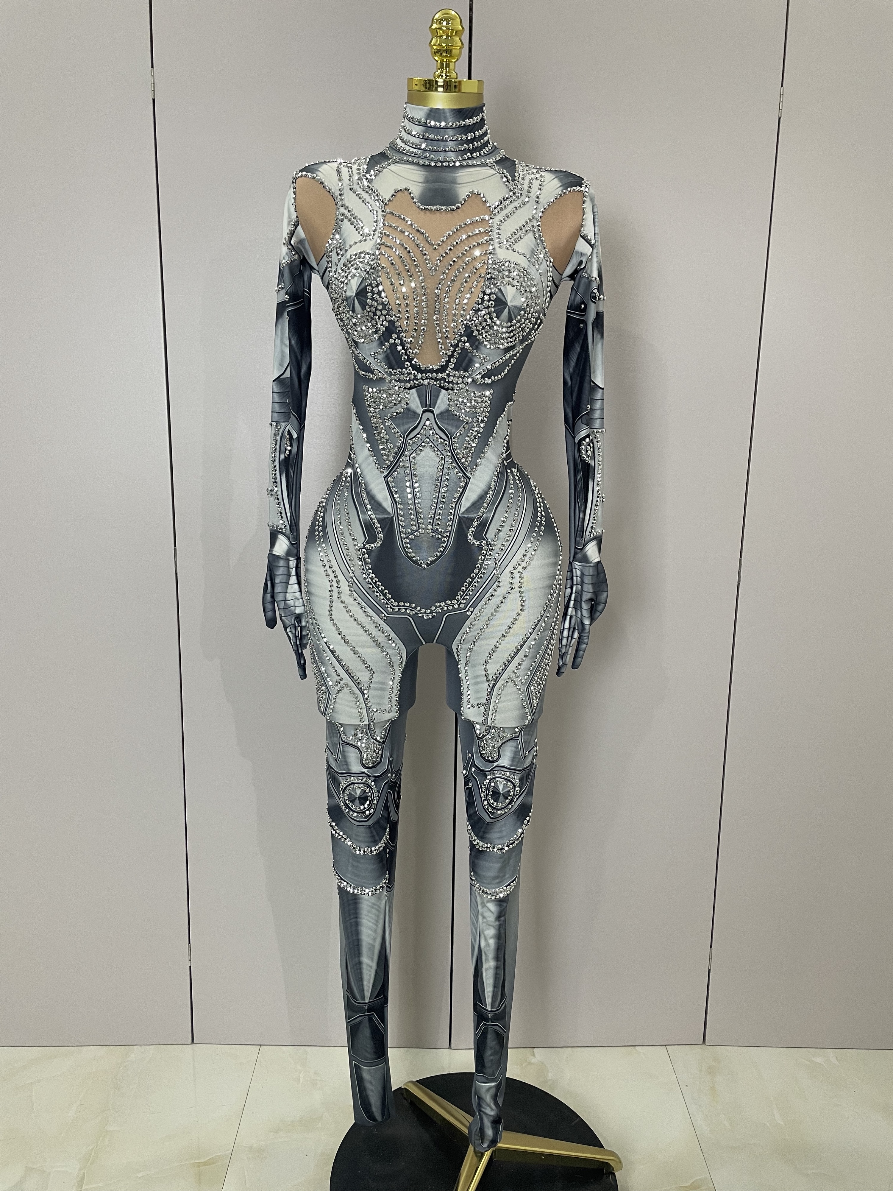 2025 nova moda feminina sexy strass impresso macacão magro desempenho de rua alta dança traje bar clube mostrar palco wear